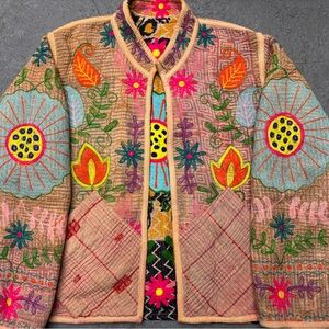 Embroidered Floral Patchwork Jacket - Pink
